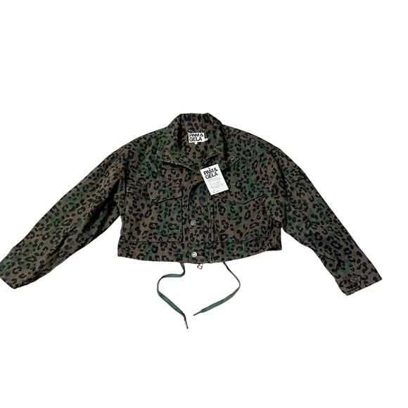 NWT Pam & Gela Leopard Print Cropped Utility Jacket Army Green Size S EdgyChic - Picture 10 of 12